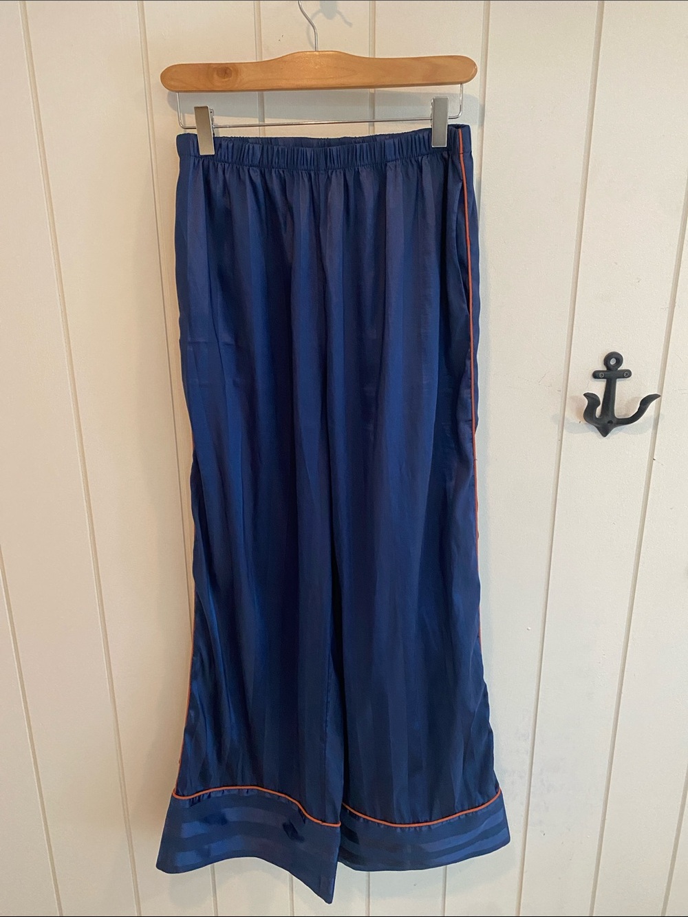 Free People Navy Satin Wide-Leg Track Pants with Orange Piping